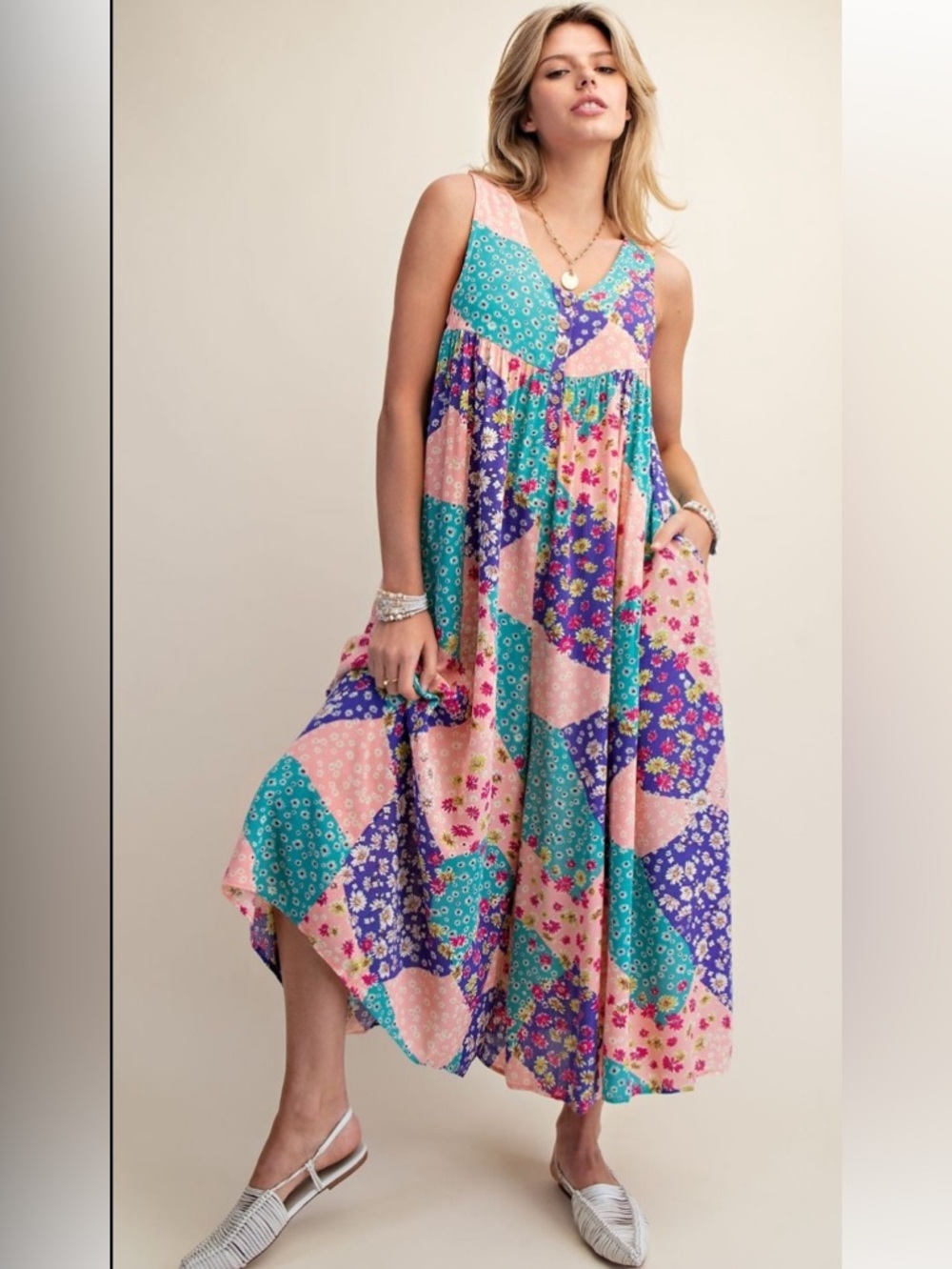easel Multicolor Patchwork Floral Maxi Jumpsuit